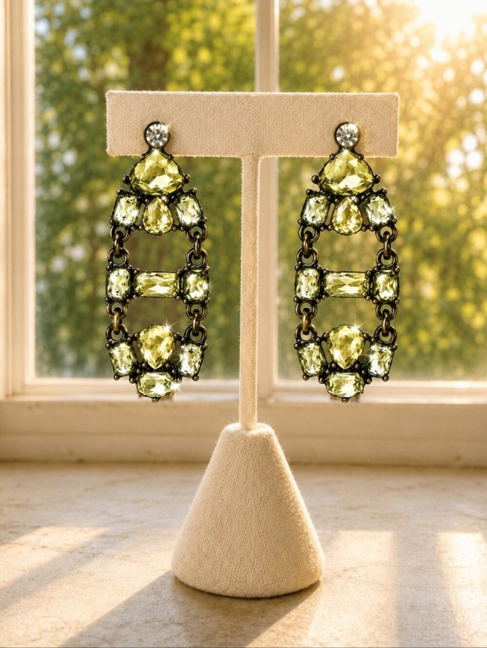J. Crew Citrine Color Stones With Clear Rhinestones Signed Pierced Earrings EUC